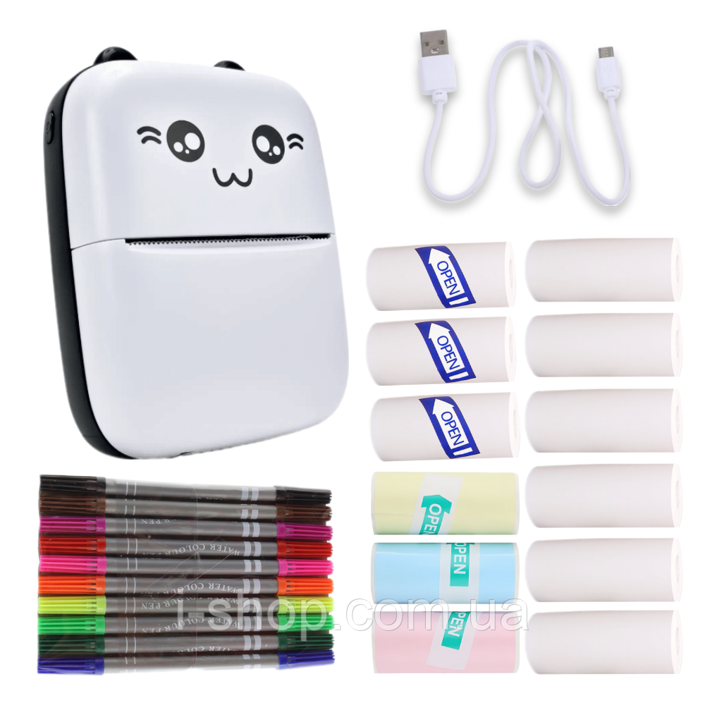 Портативний термопринтер мобільний міні принтер з наклейками Котик 09 чорний з набором паперу 12 шт, фото 1