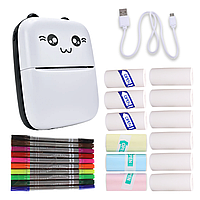 Портативний термопринтер мобільний міні принтер з наклейками Котик 09 чорний з набором паперу 12 шт