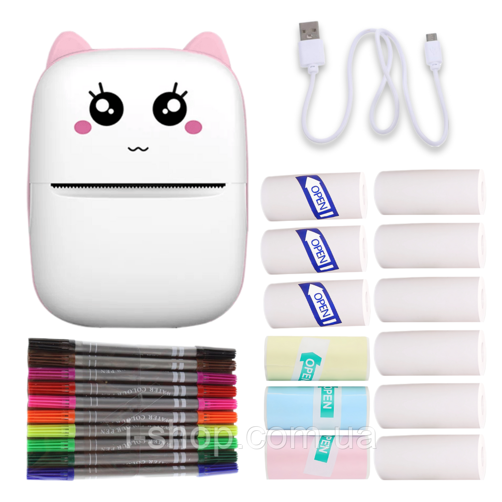 Портативний термопринтер мобільний міні принтер з наклейками Котик X1 рожевий з набором паперу 12 шт, фото 1