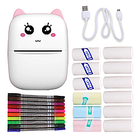 Портативний термопринтер мобільний міні принтер з наклейками Котик X1 рожевий з набором паперу 12 шт