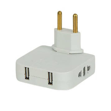 Трійник перехідник в розетку на 2 USB + 2 розетки (Євро) поворотний на 180 градусів плоский білий
