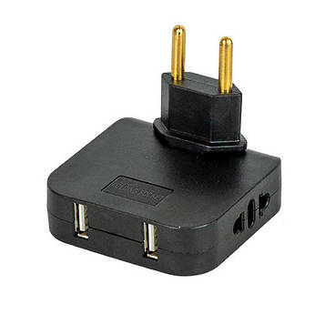 Трійник перехідник в розетку на 2 USB + 2 розетки (Євро) поворотний на 180 градусів плоский чорний