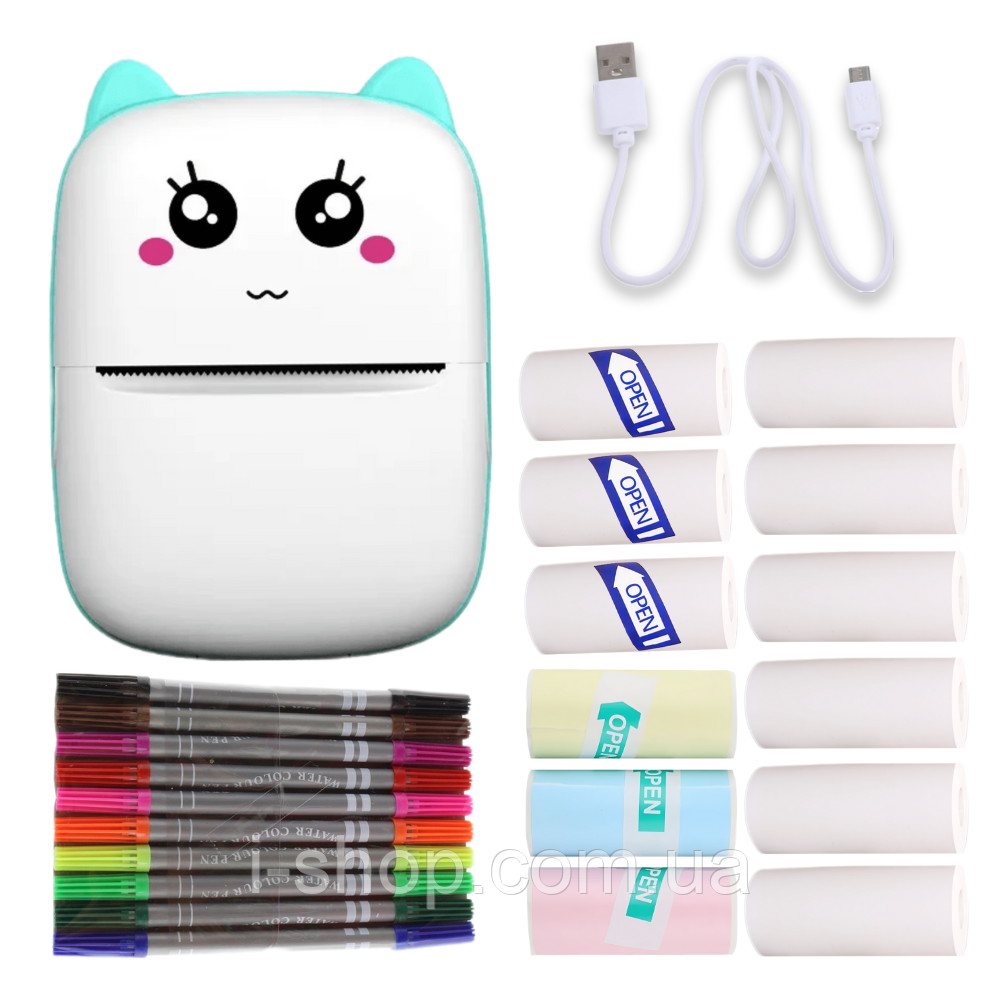 Портативний термопринтер мобільний міні принтер з наклейками Котик X1 бірюзовий з набором паперу 12 шт, фото 1