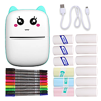 Портативний термопринтер мобільний міні принтер з наклейками Котик X1 бірюзовий з набором паперу 12 шт