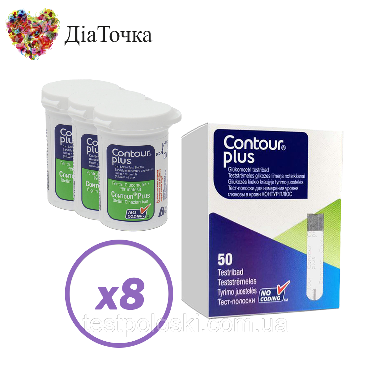Тест-смужки Контур Плюс (Contour Plus) 400 шт. у 8 флаконах по 50 шт. в упаковці, фото 1