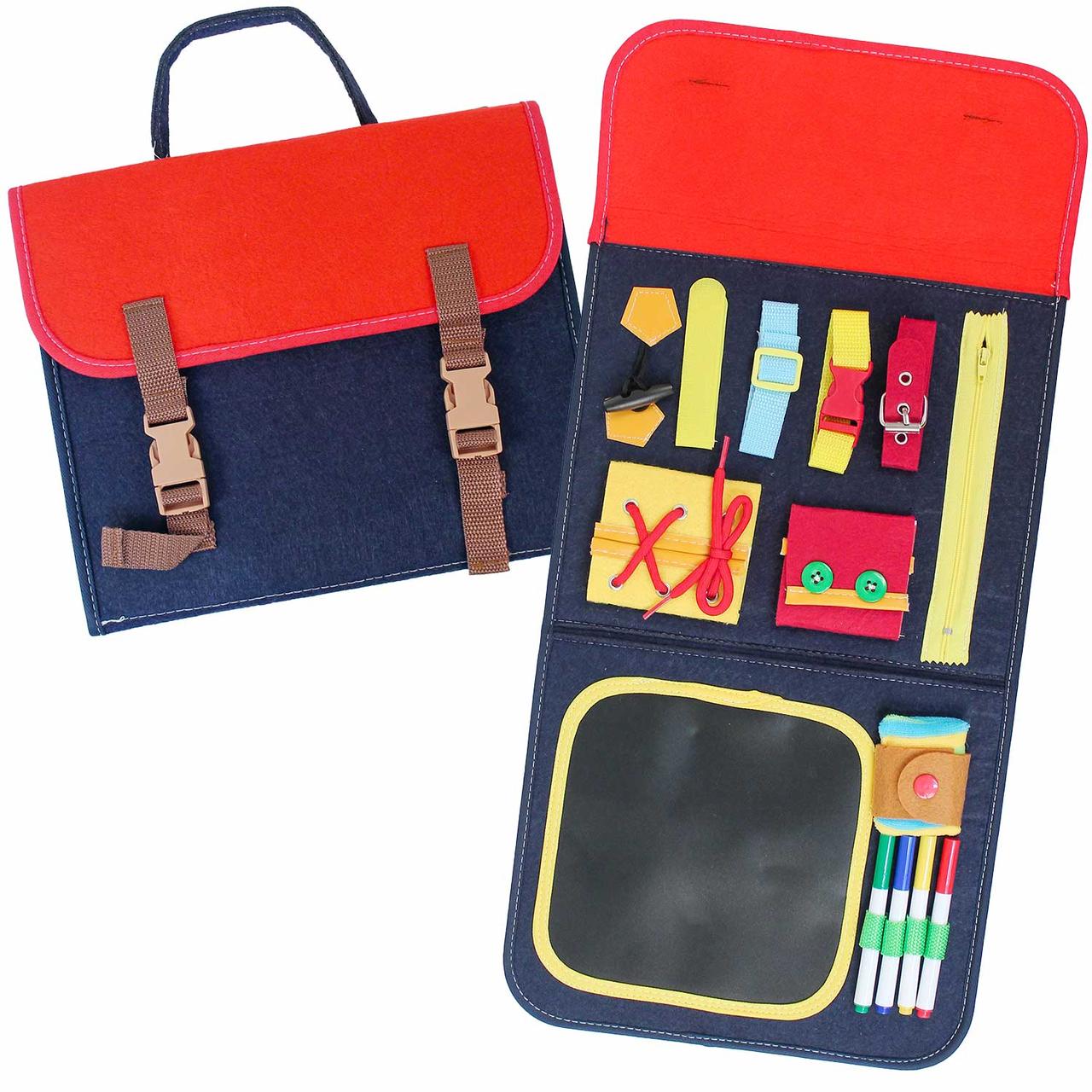 Логічна навчальна папка з дошкою для творчості Розвивальний рюкзачок іграшка для розвитку моторики 8 застібок + маркери, фото 1