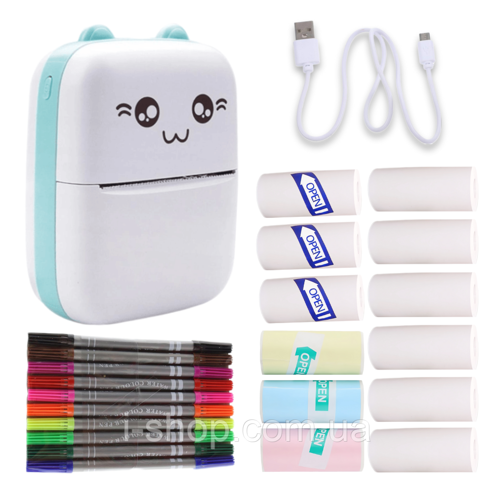 Портативний термопринтер мобільний міні принтер з наклейками Котик 09 бірюзовий з набором паперу 12 шт, фото 1