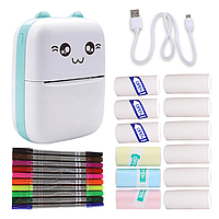 Міні принтер для телефону Котик бірюзовий Bluetooth портативний термопринтер дитячий 12 рулонів + фломастери