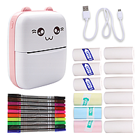 Міні принтер для телефону Котик рожевий Bluetooth портативний термопринтер для дівчинки 12 рулонів в комплекті + фломастери