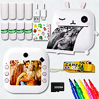 Дитячий фотоапарат для дівчинки з миттєвим друком фото Зайчик М2 з іграми, картою пам’яті 32GB та набором паперу 8 шт Білий