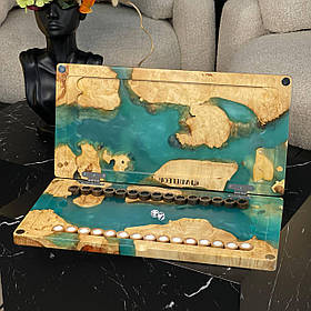 Нарди ручної роботи з натурального дерева та епоксидної смоли 50*50 см на магнітах