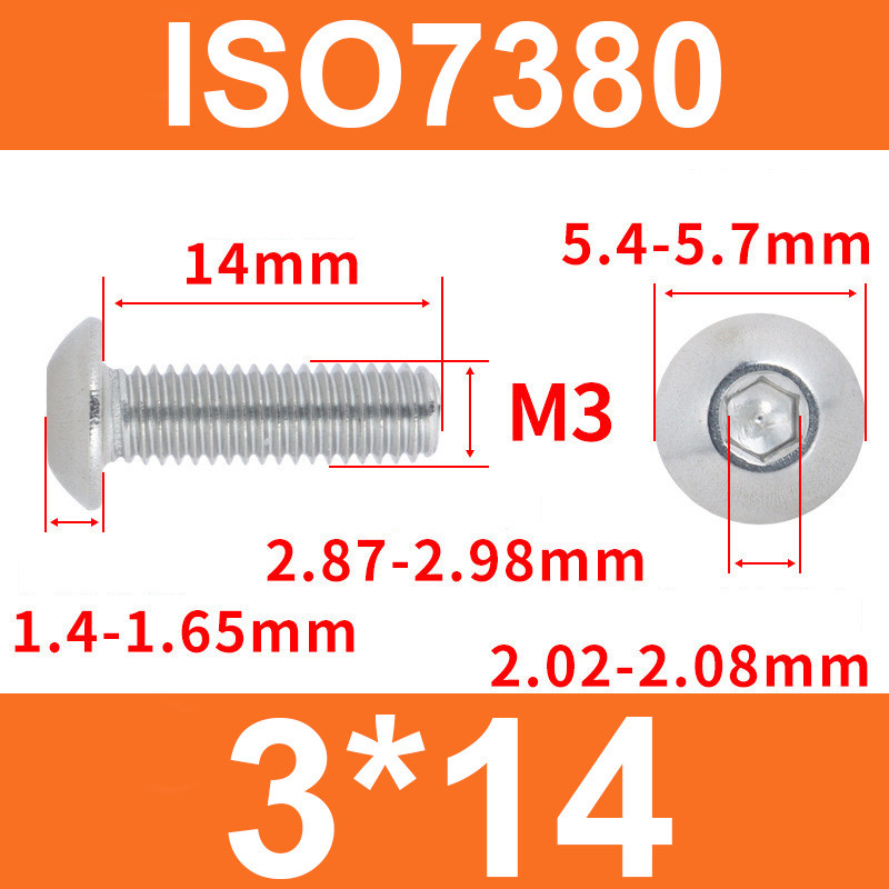 Гвинт ISO7380 M3*14 із напівкруглою головкою та внутрішнім шестигранником, нержавіюча сталь 304, фото 1