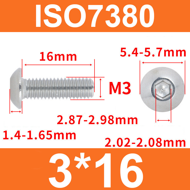 Гвинт ISO7380 M3*16 із напівкруглою головкою та внутрішнім шестигранником, нержавіюча сталь 304, фото 1