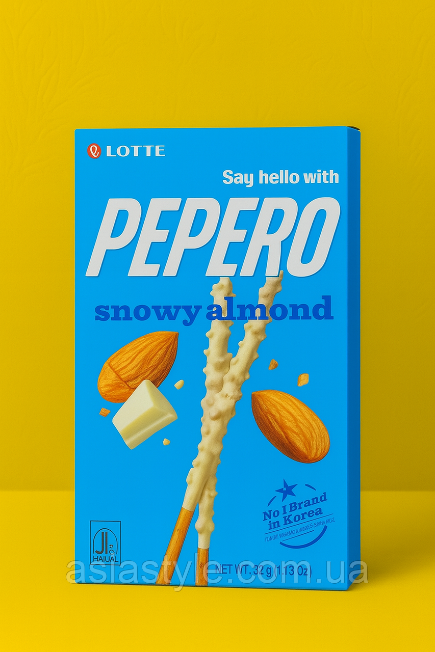 Корейські бісквітні палички, вкриті білим шоколадом з шматочками обсмаженого мигдалю, Pepero Snowy Almond (Lotte, Корея), Во, фото 1