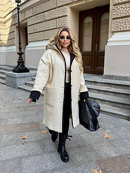 Жіноче пальто баранчик з капюшоном L-XXXL