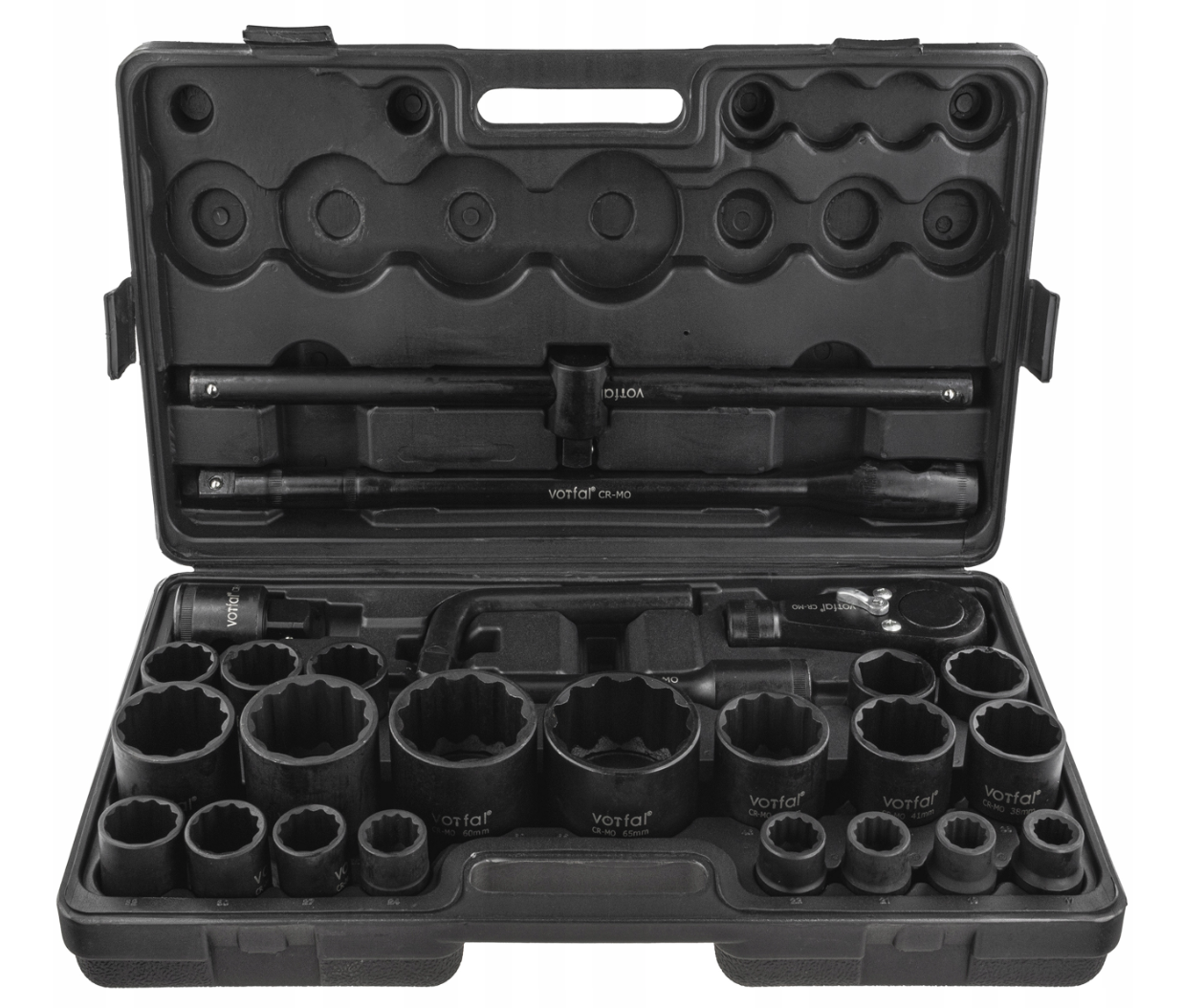 Набір ударних 12-гранних головок 3/4″ (17-50 мм) 1″ (55-65 мм) з аксесуарами CR-MO 26 ел. Vorfal V088124, фото 1