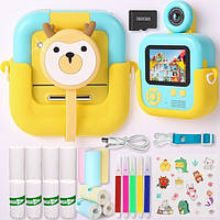 Дитячий фотоапарат з моментальним друком для хлопчика та дівчинки Олень жовто-блакитний з іграми, картою пам’яті 32GB та папером