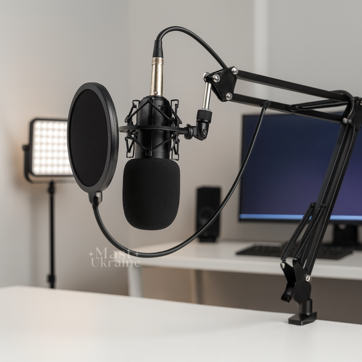 Мікрофон студійний конденсаторний настільний на стійці, з вітрозахистом та поп-фільтром для запису голосу, 2335, фото 1
