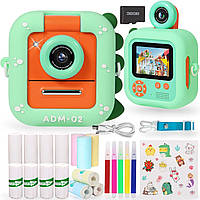 Дитячий фотоапарат з миттєвим друком фото зелений з помаранчевим Дракон камера з іграми та картою пам’яті для хлопчика