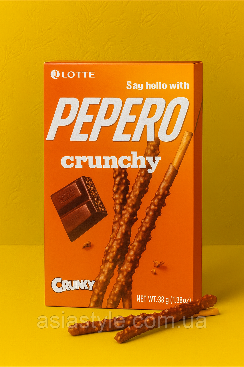 Корейські бісквітні палички, вкриті шоколадом та обсипані повітряним рисом, Pepero Crunchy (Lotte, Корея), Во, фото 1