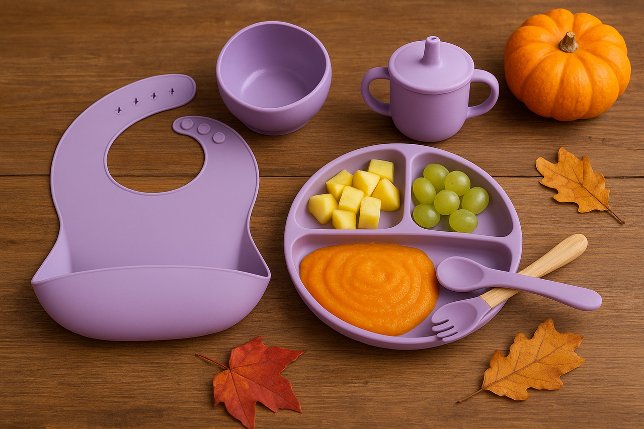 Набір дитячого силіконового посуду для першого прикорму із 6 предметів, однотонний RNSHS-6 на присосках, фото 1