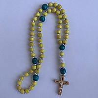 Чотки на 33 намистини дерев'яні з хрестиком синьо-жовті (розм.37см довжин.чоток,/D 0.8см)