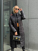 Жіноча зимова, тепла довга стьобана, однотонна оверсайз міді куртка, на блискавці, з поясом і капюшоном