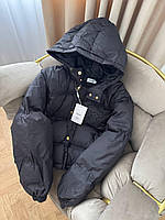 Женская куртка-пуховик Celine (Селин), чёрная, укороченная, с капюшоном размеры S/M