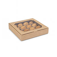 Коробка для 16 цукерок горішків солодощів зефіру, макаронс тарталеток 185×185×35 мм, крафт, з прозорим віконцем