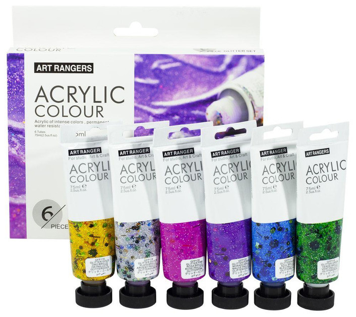 Художні акрилові фарби з блискітками Art Rangers Acrylic glitter 6 кольорів по 75 мл, фото 1