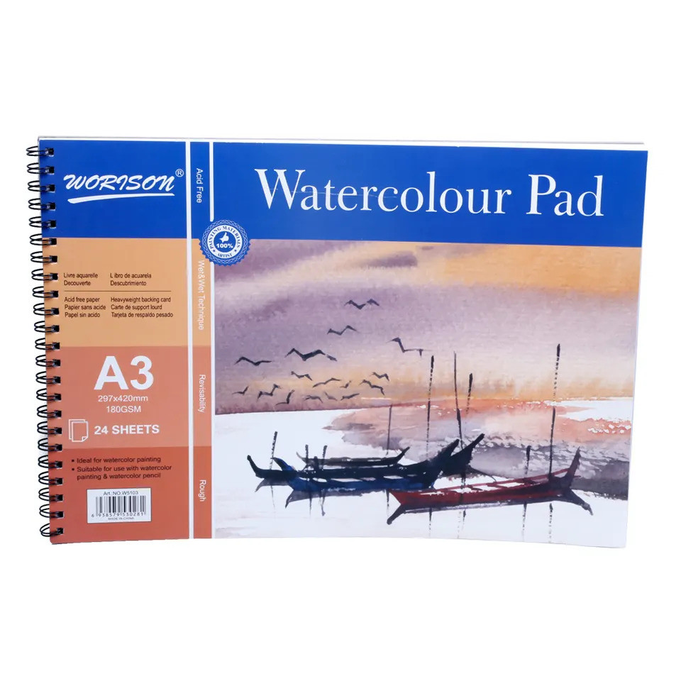 Альбом для акварелі WORISON Watercolor Pad формат А3 на спіралі 180г/м кв 24 аркуші (W510-А3), фото 1