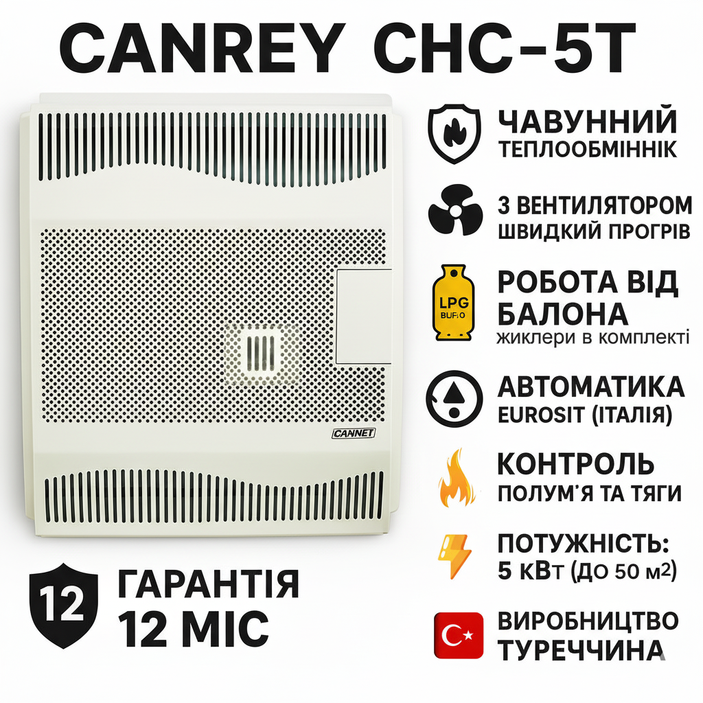 🔥 Газовий чавунний конвектор CANREY CHC-5T, 5 кВт, на 50 м2!, фото 1