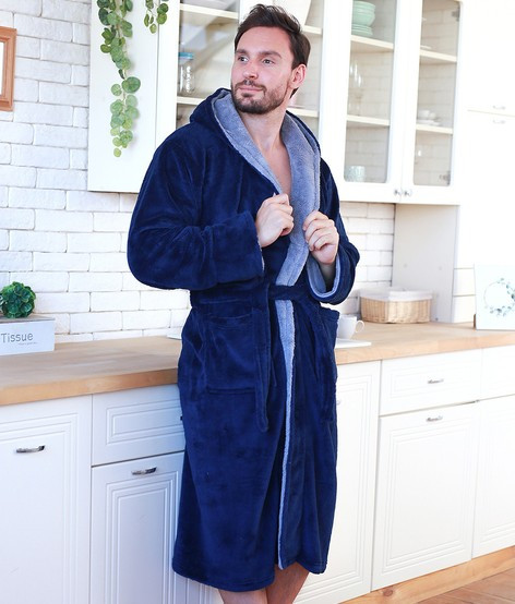 Чоловічий халат з капюшоном Welsoft, теплий і м’який, темно-синій (48-58 р.), фото 1