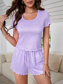 Піжамний набір Дощик жіночий домашній м'який комплект футболка з шортиками з рюшами фіолетовий розмір S