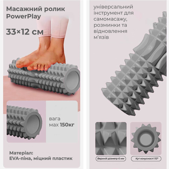 Масажний ролик (роллер) PowerPlay 4405 EVA Massage Roller Сірий (33x12см.) 4 6857286332 w640 h2048 14