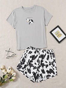 Піжамний комплект Gray Cow футболка шорти в наборі з малюнком колір сірий та чорний з білим S
