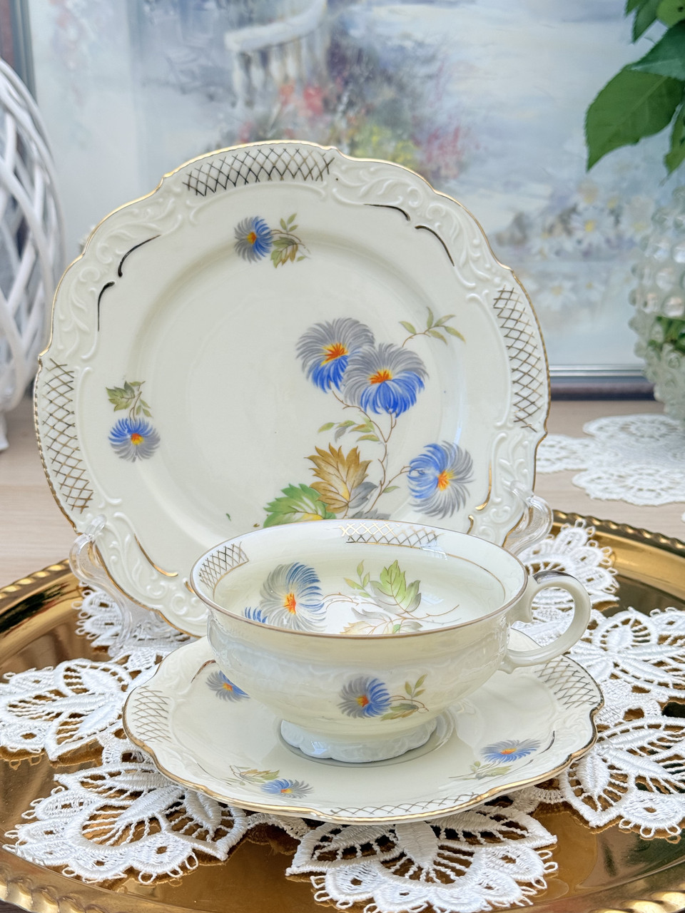 Антикварна порцелянова чайна трійка, чашка, блюдце та десертна тарілочка, порцеляна,Schirnding Porzellan , Німеччина