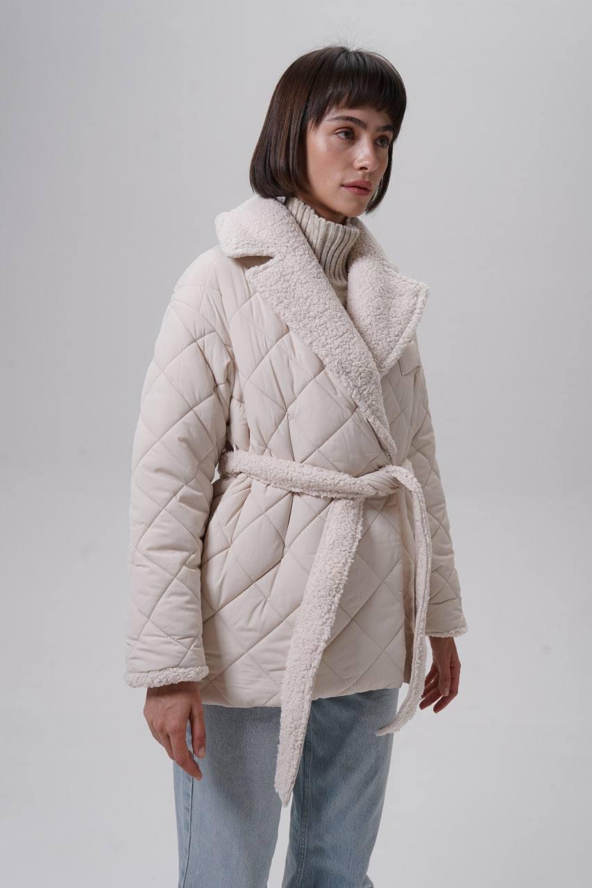 Стьобане пальто з хутряним коміром, фото 1