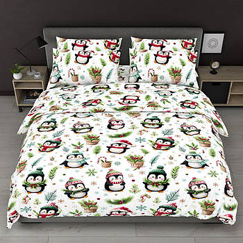 Постільна білизна Королева Ночі (Бязь) | Полуторний комплект | 50х70 | Пінгвіни зі сніжинками на білому