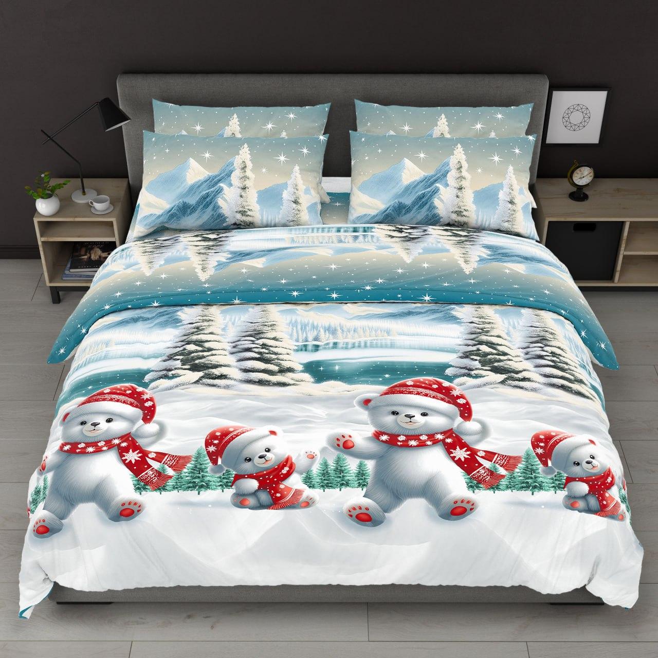 Постільна білизна Королева Ночі (Бязь) | Полуторний комплект | 50х70 | Новорічні ведмедики, ялинки, гори, фото 1