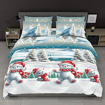 Постільна білизна Королева Ночі (Бязь) | Полуторний комплект | 50х70 | Новорічні ведмедики, ялинки, гори