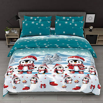 Постільна білизна Королева Ночі (Бязь) | Полуторний комплект | 50х70 | Новорічні пінгвіни на бірюзовому