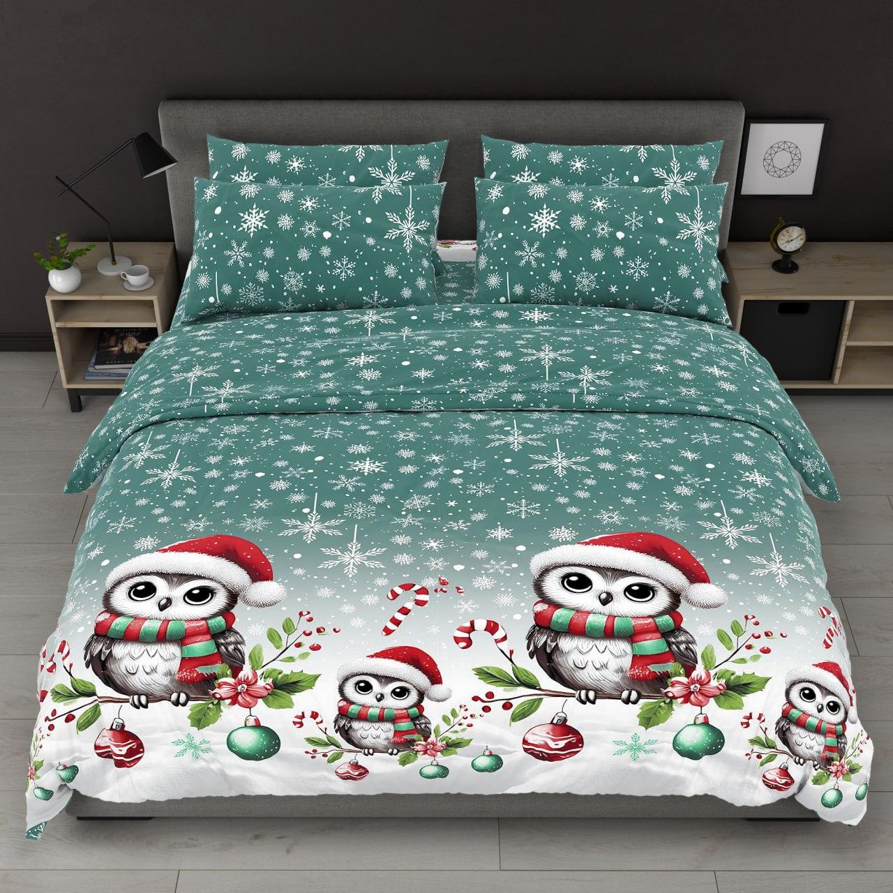 Підковдра на блискавці 145х215 (Бязь) | Полуторна підковдра від виробника "Королева Ночі" | Новорічні сови, сніжинки на бірюзовому, фото 1