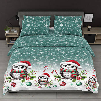 Постільна білизна Королева Ночі (Бязь) | Полуторний комплект | 50х70 | Новорічні сови, сніжинки на бірюзовому
