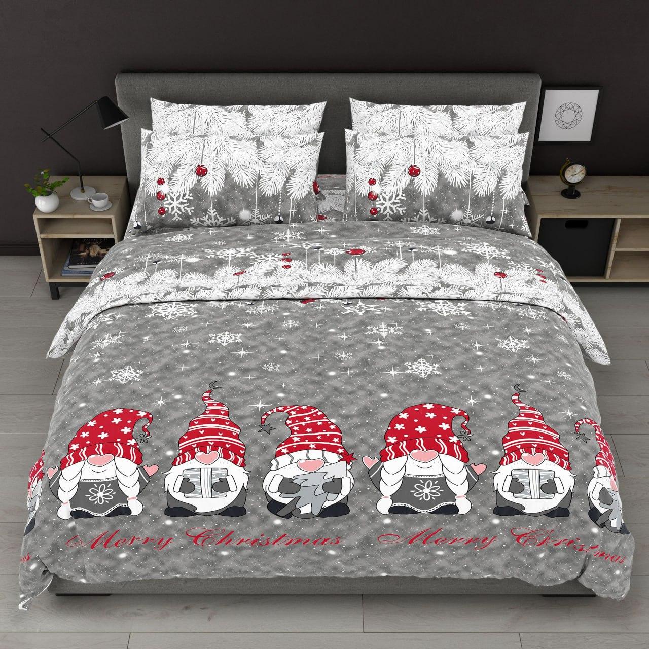 Постільна білизна Королева Ночі (Бязь) | Полуторний комплект | 50х70 | Новорічні гноми на сірому, фото 1
