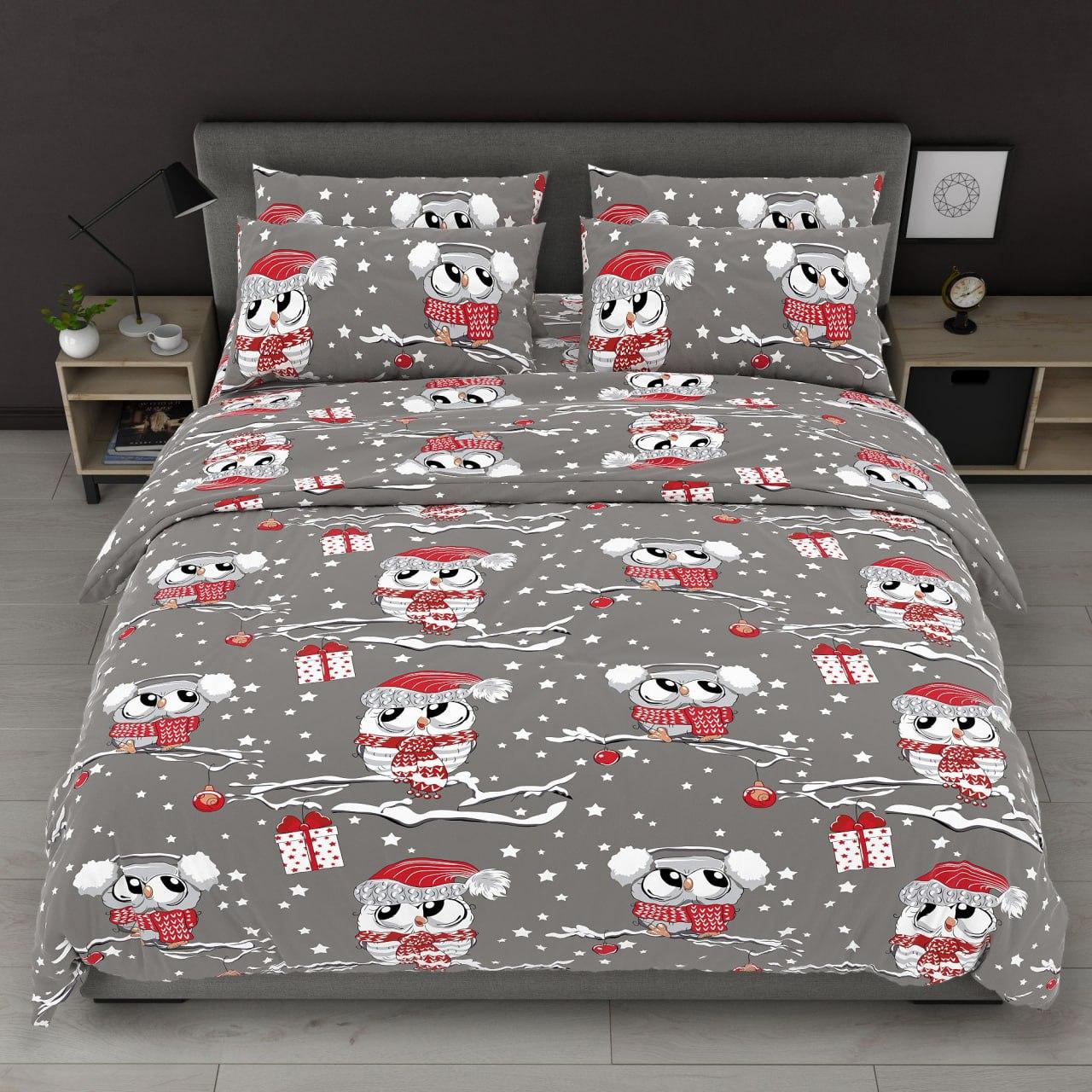 Постільна білизна Королева Ночі (Бязь) | Полуторний комплект | 50х70 | Новорічні сови на сірому, фото 1