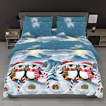 Постільна білизна Королева Ночі (Бязь) | Полуторний комплект | 50х70 | Новорічні пінгвіни на синьому