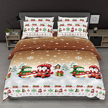 Постільна білизна Королева Ночі (Бязь) | Полуторний комплект | 50х70 | Новорічні пінгвіни на коричневому