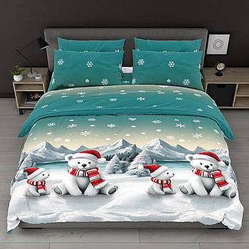 Постільна білизна Королева Ночі (Бязь) | Полуторний комплект | 50х70 | Новорічні ведмедики на бірюзовому