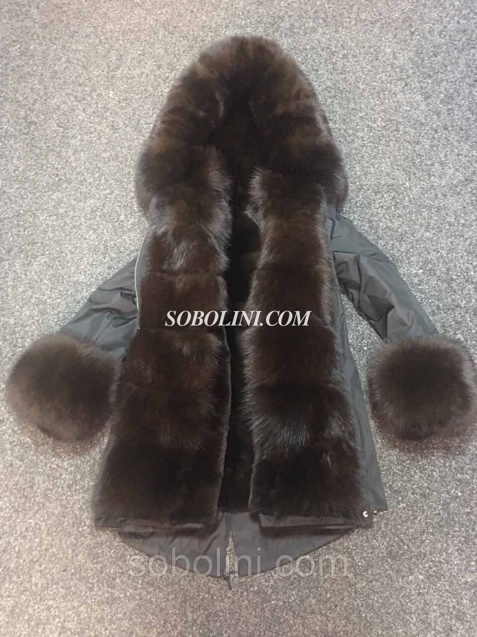 Парка з хутром фінського песця колір під соболю, плащівка сіра кольору, утеплювач стриж іспанський кроль, фото 1